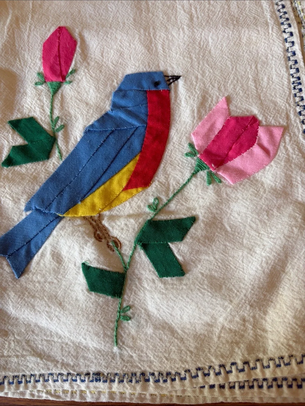 Embroidered Blue & Pink Bird Kitchen Towel